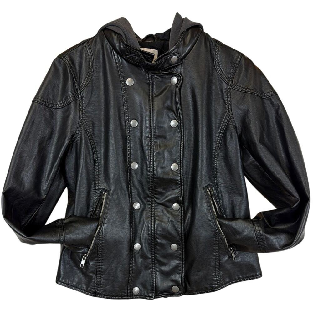 Free People Black Vegan Leather Hooded Double Breasted Moto Jacket L